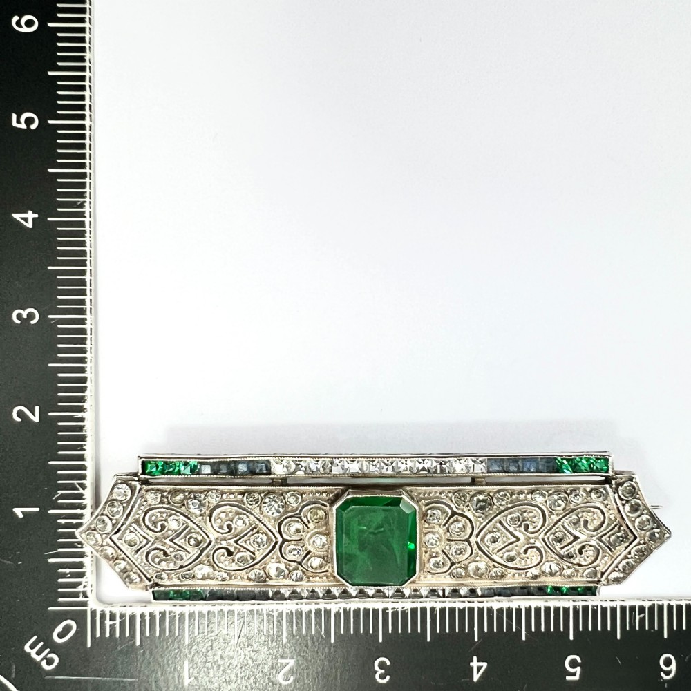 Art Deco Sterling Silver Emerald Paste Brooch by Knoll & Pregizer View VIII