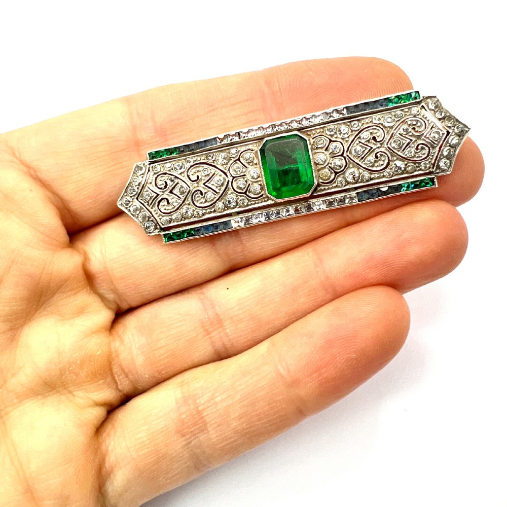 Art Deco Sterling Silver Emerald Paste Brooch by Knoll & Pregizer View IX