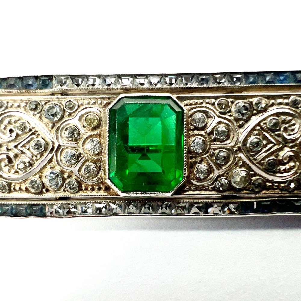 Art Deco Sterling Silver Emerald Paste Brooch by Knoll & Pregizer View X