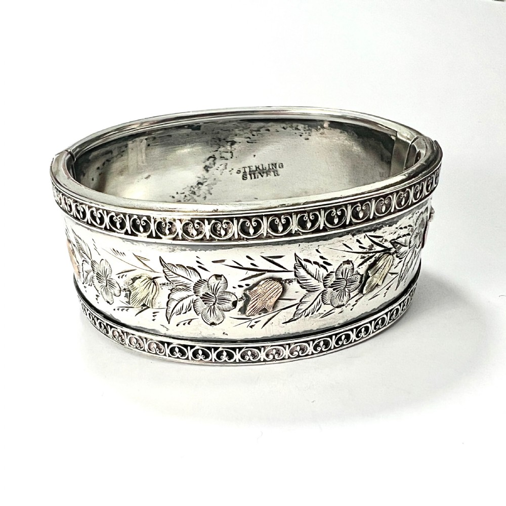 Victorian Silver and Gold Hinged Flower Bangle View II