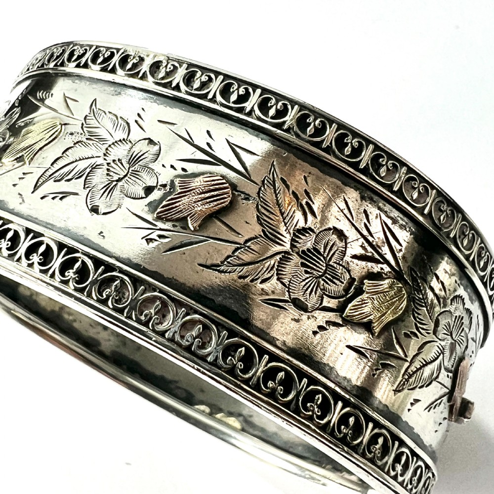 Victorian Silver and Gold Hinged Flower Bangle View III