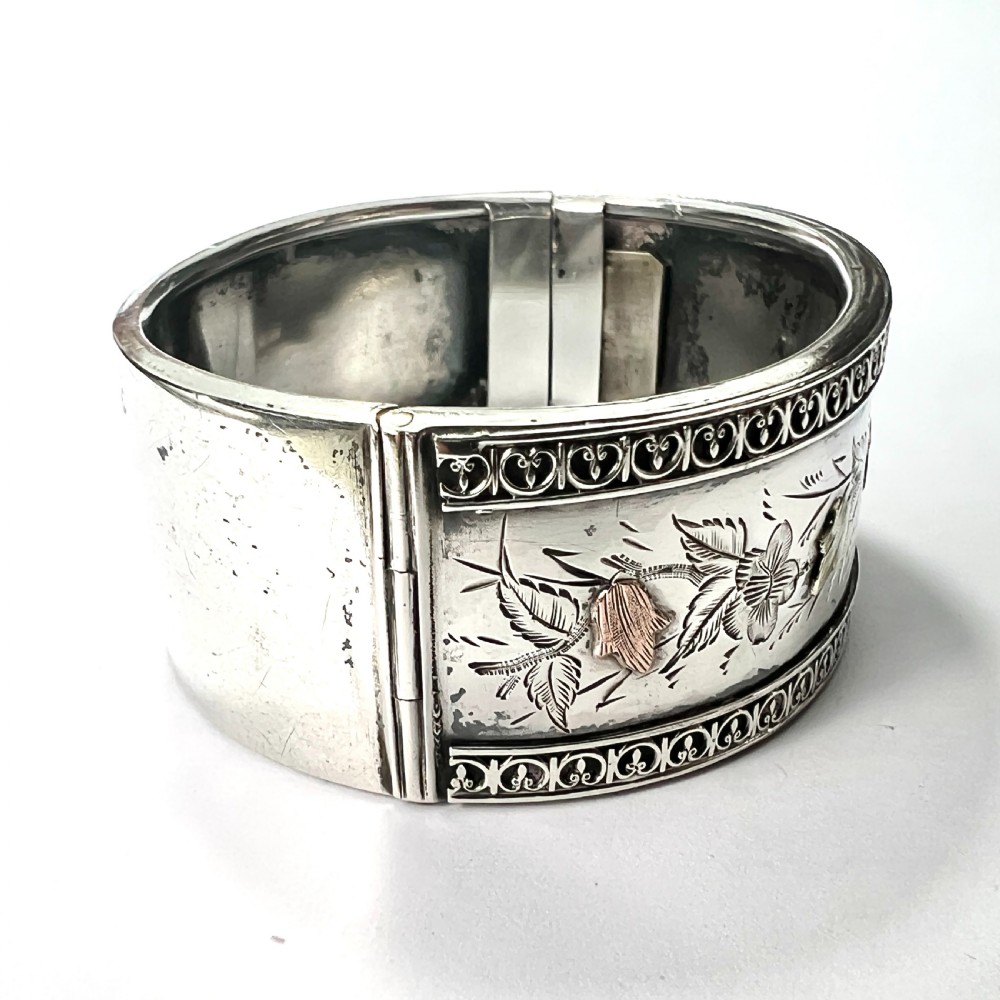 Victorian Silver and Gold Hinged Flower Bangle View V