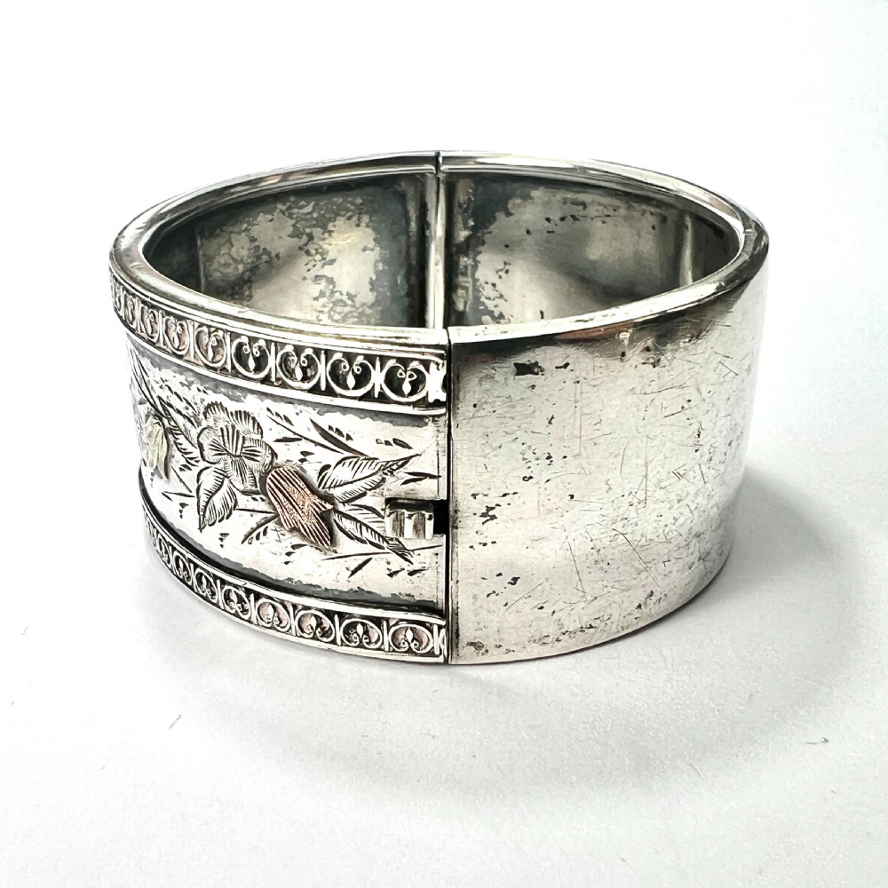 Victorian Silver and Gold Hinged Flower Bangle View VI