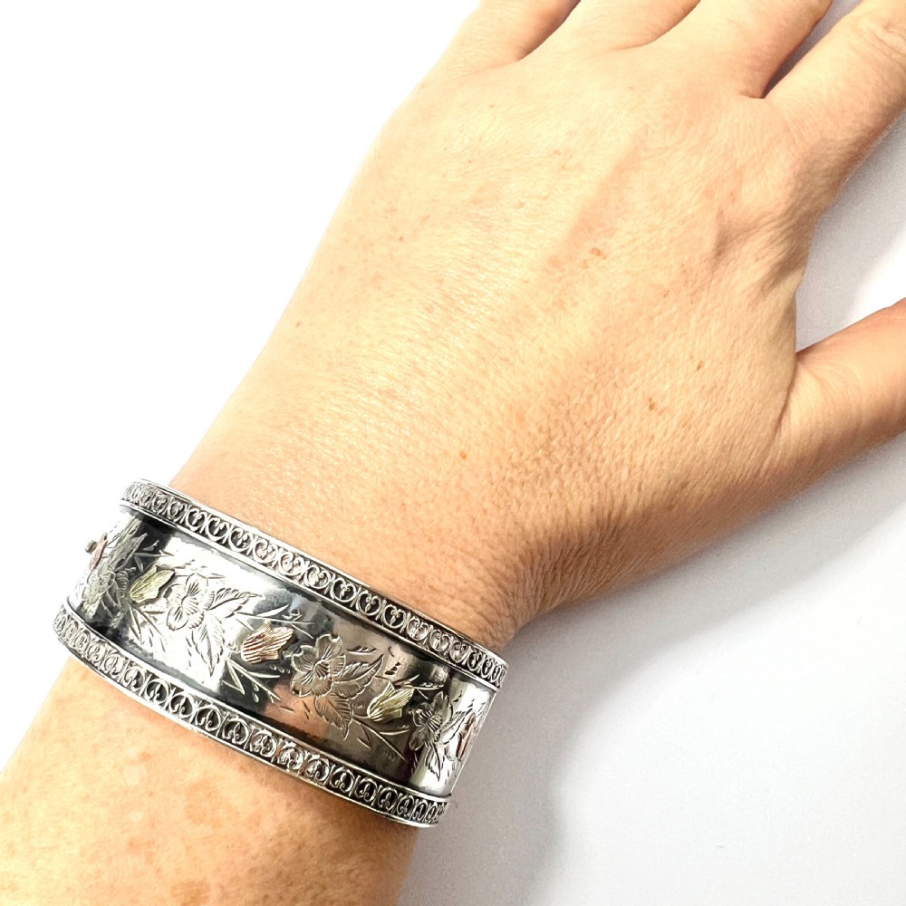 Victorian Silver and Gold Hinged Flower Bangle View IX