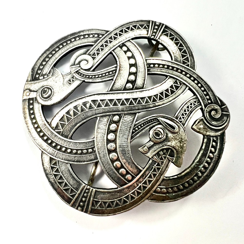 Large Antique Norwegian Norse Silver Dragonstil Brooch View V