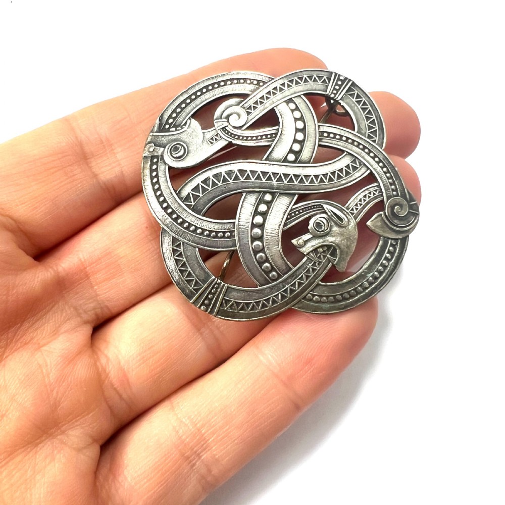Large Antique Norwegian Norse Silver Dragonstil Brooch View VIII