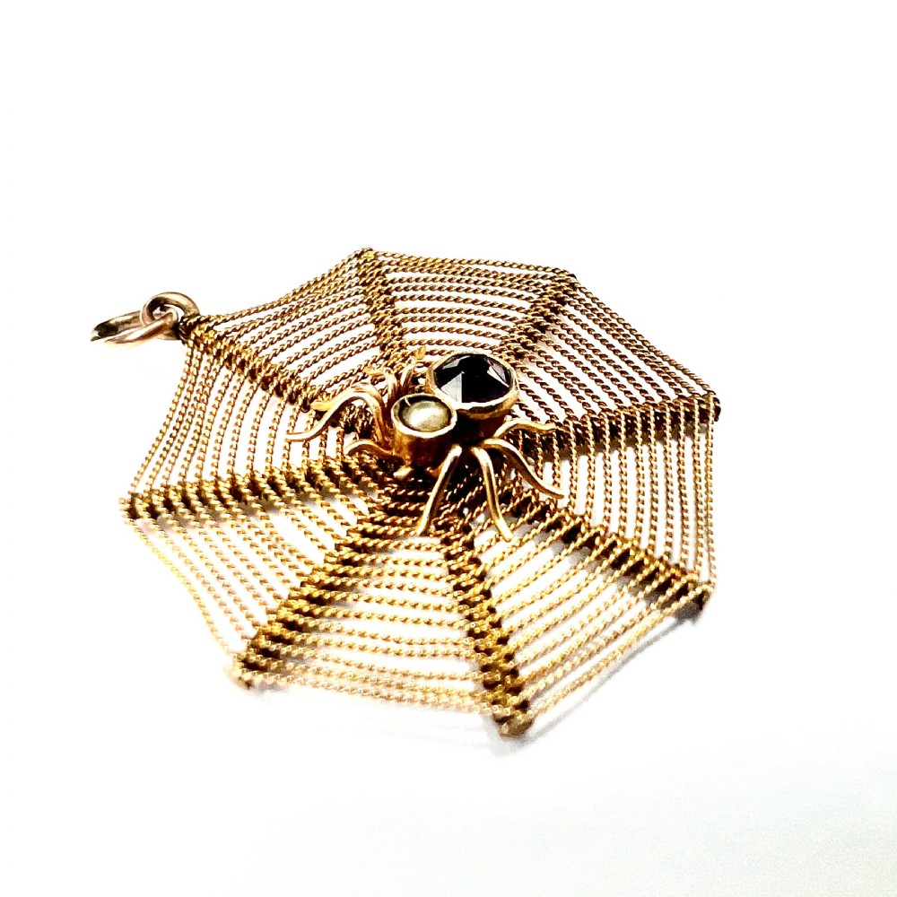 Edwardian 9CT Gold Amethyst and Pearl Spider Web Pendant View II