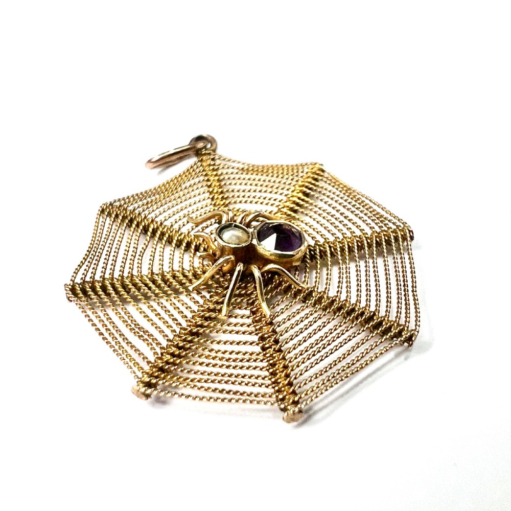 Edwardian 9CT Gold Amethyst and Pearl Spider Web Pendant View III