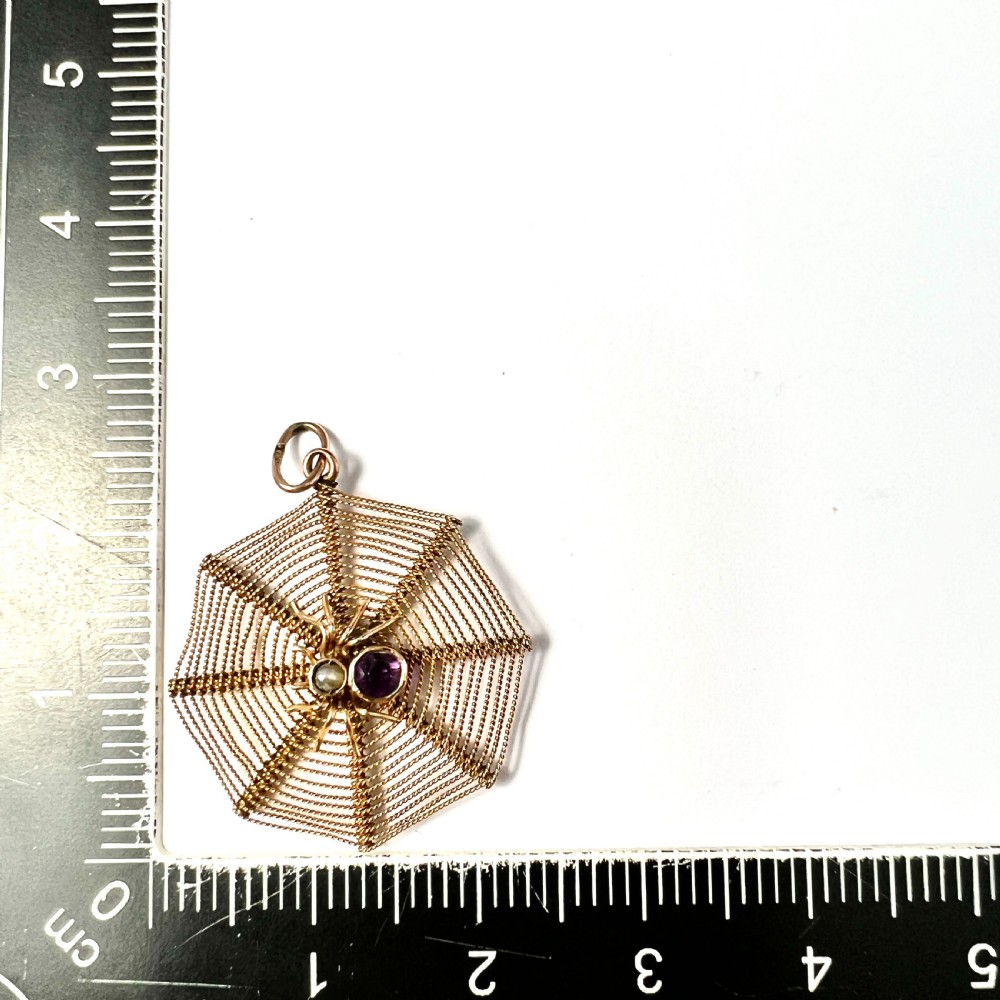 Edwardian 9CT Gold Amethyst and Pearl Spider Web Pendant View VI