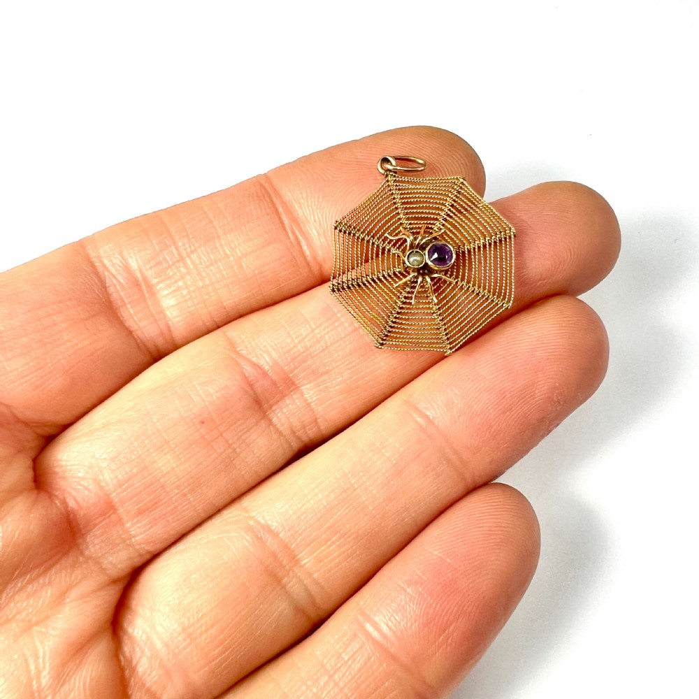 Edwardian 9CT Gold Amethyst and Pearl Spider Web Pendant View VII