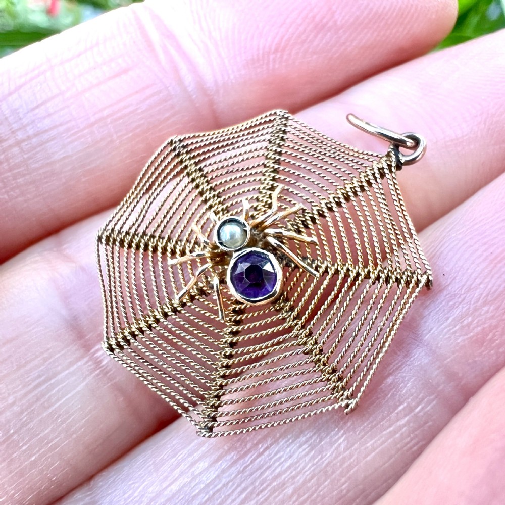 Edwardian 9CT Gold Amethyst and Pearl Spider Web Pendant View VIII
