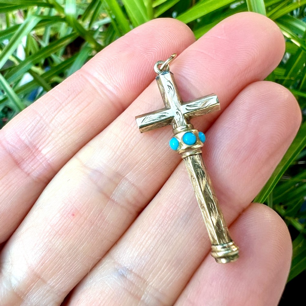 Victorian Turquoise 9CT Gold Cross Pendant View V