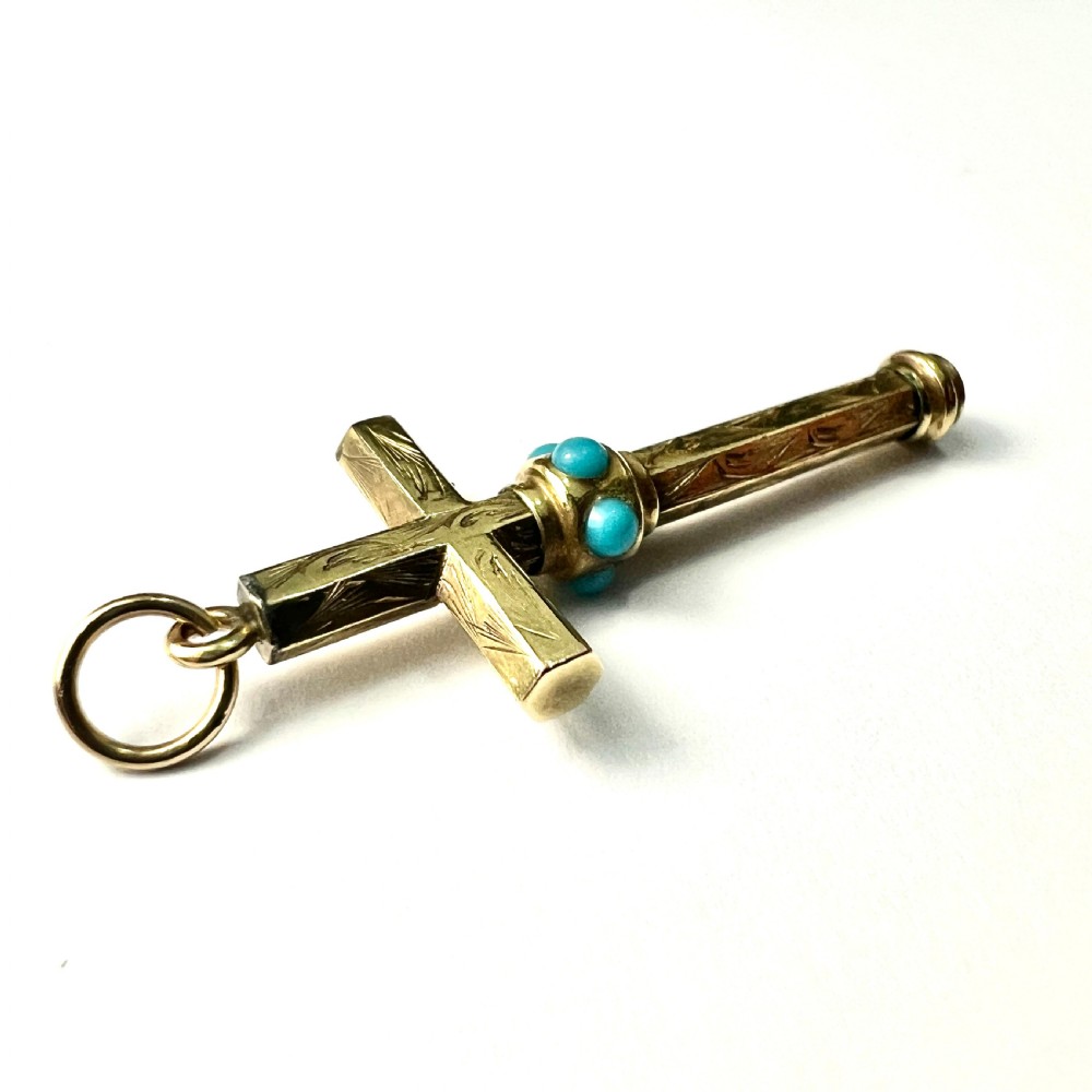 Victorian Turquoise 9CT Gold Cross Pendant View VI
