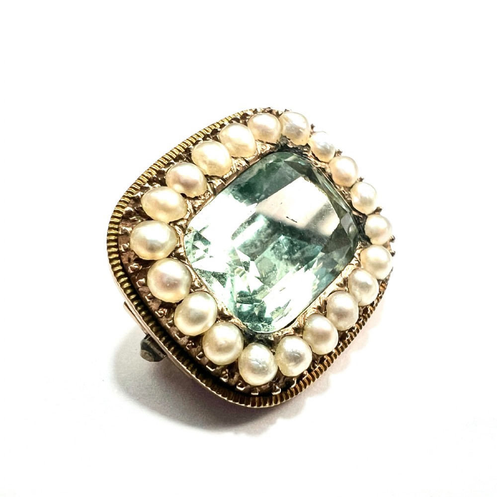 Georgian Gold and Paste Aquamarine Pearl Brooch View II