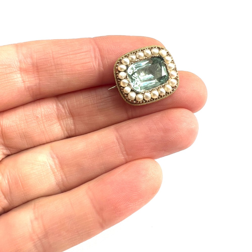 Georgian Gold and Paste Aquamarine Pearl Brooch View VI