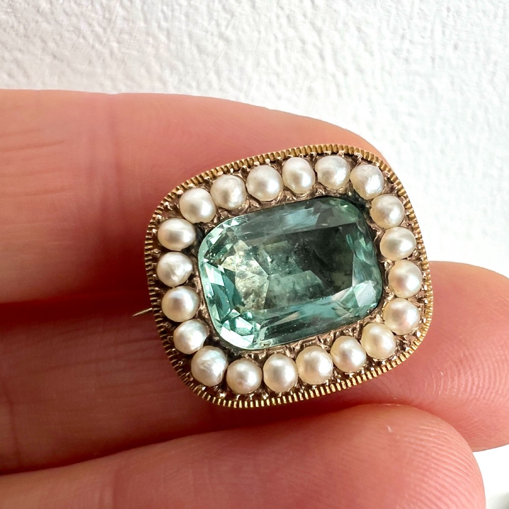 Georgian Gold and Paste Aquamarine Pearl Brooch View VII