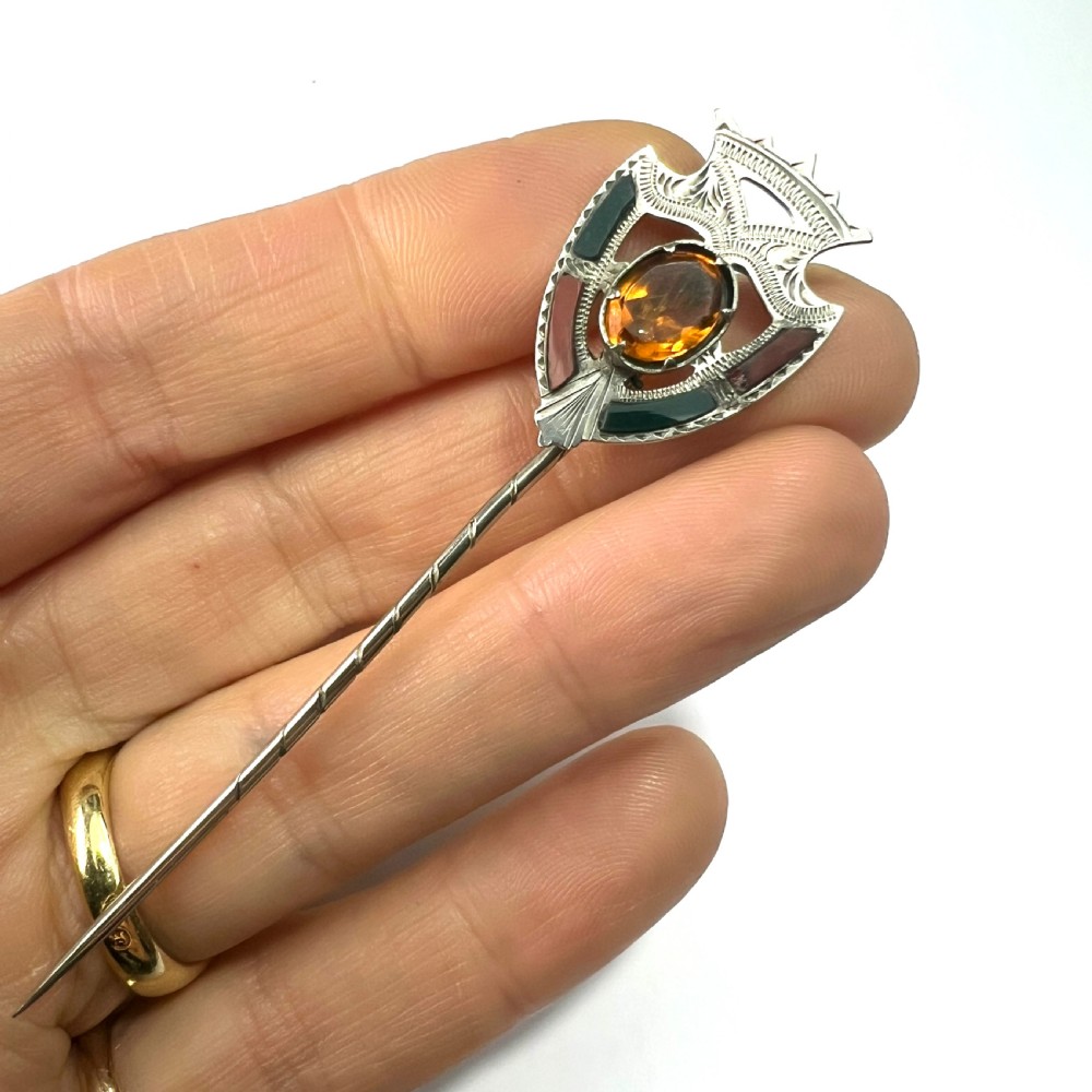 Victorian Scottish Silver Citrine Agate Stick Pin Brooch View VI