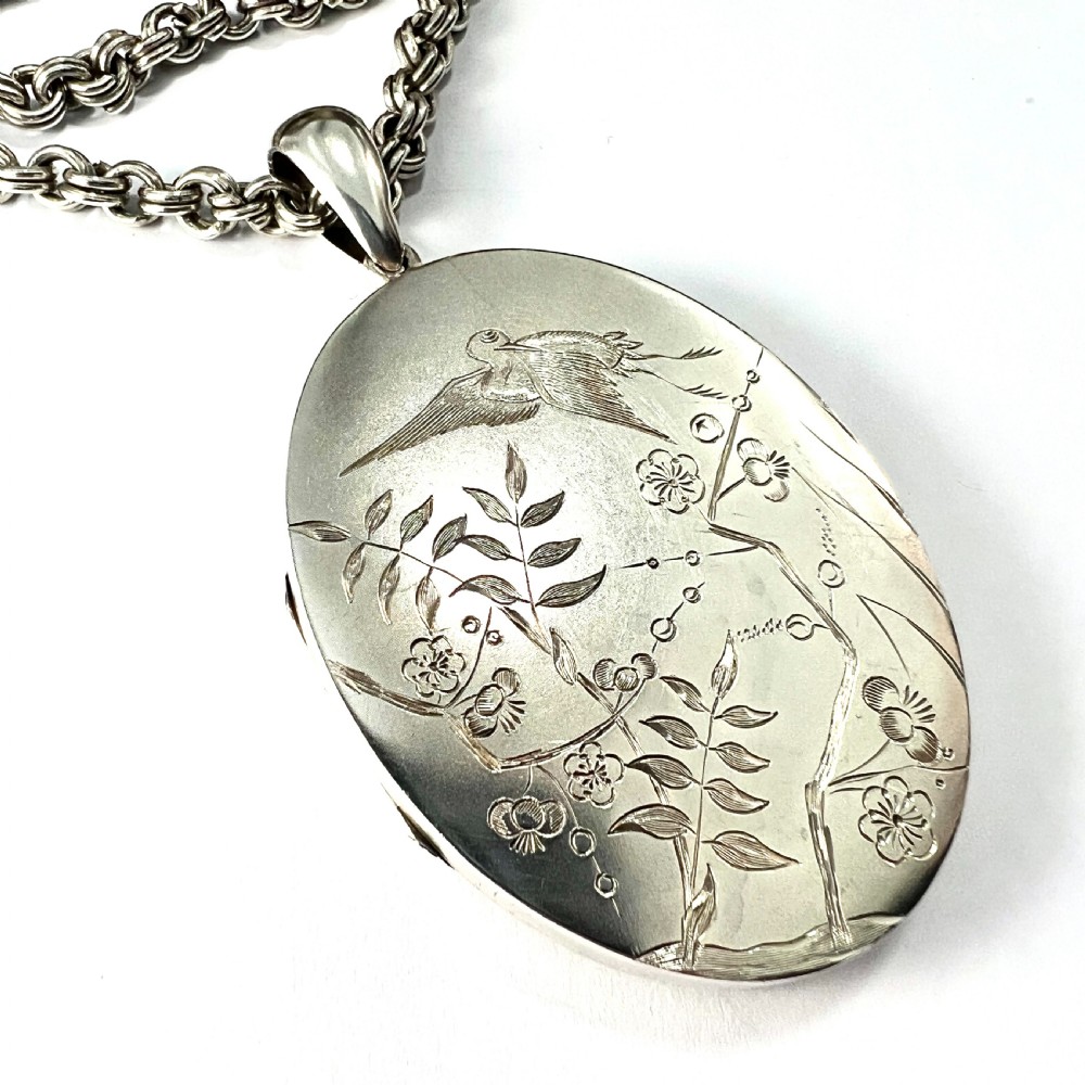 Huge Antique Silver Crane and Blossom Locket Book Chain Necklace View II