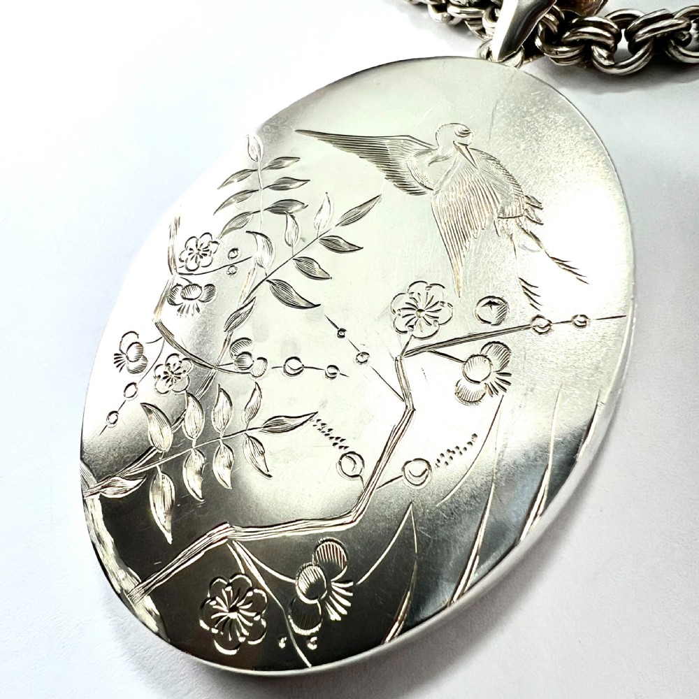 Huge Antique Silver Crane and Blossom Locket Book Chain Necklace View III