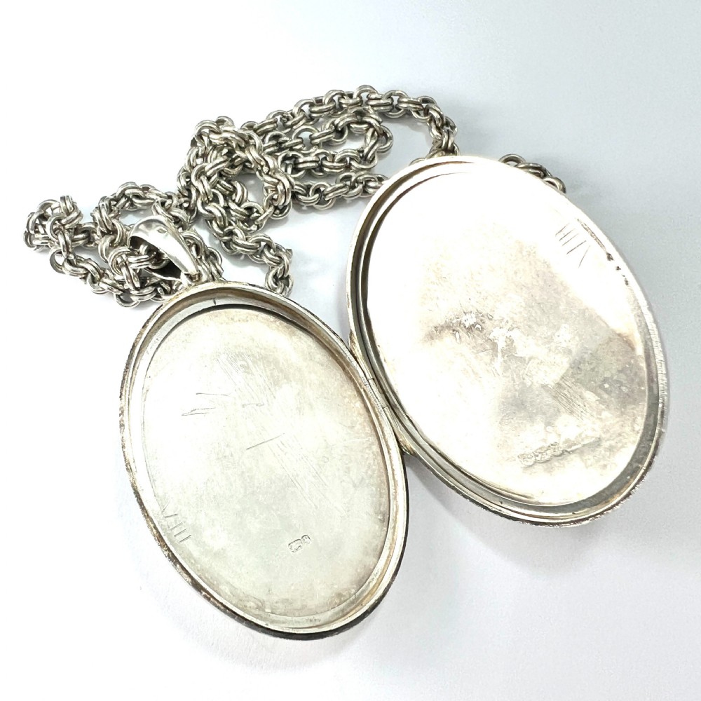Huge Antique Silver Crane and Blossom Locket Book Chain Necklace View V