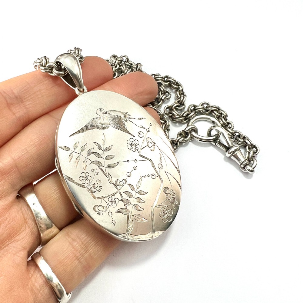 Huge Antique Silver Crane and Blossom Locket Book Chain Necklace View VIII