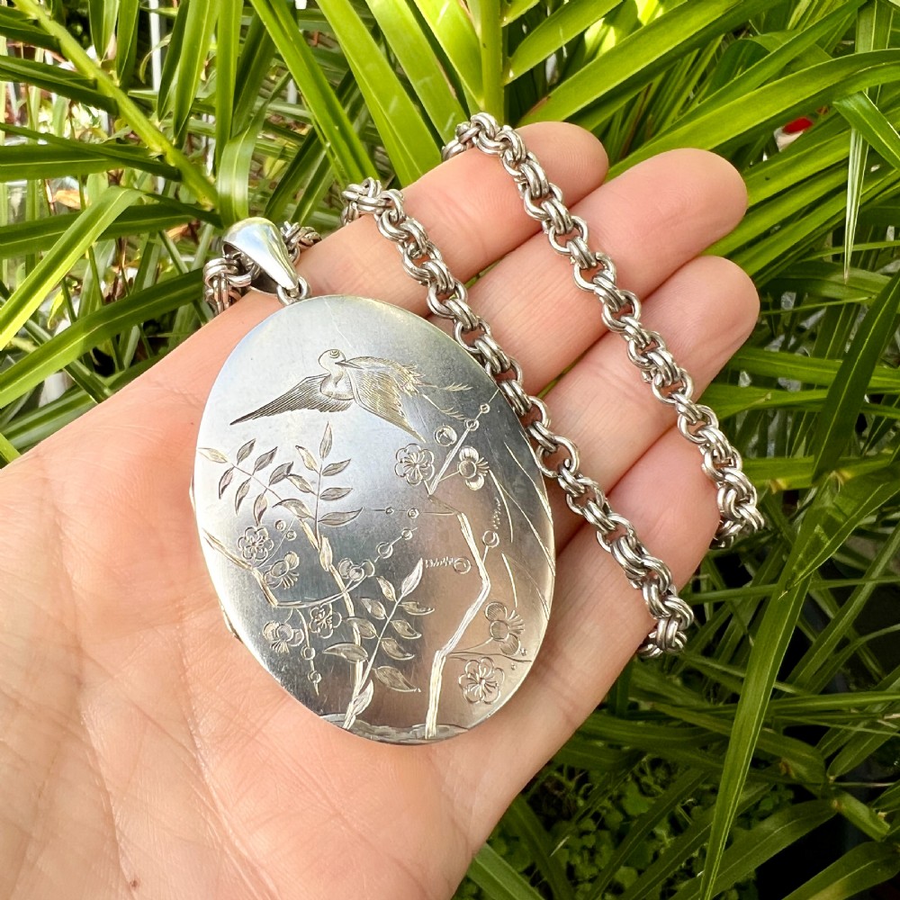Huge Antique Silver Crane and Blossom Locket Book Chain Necklace View IX
