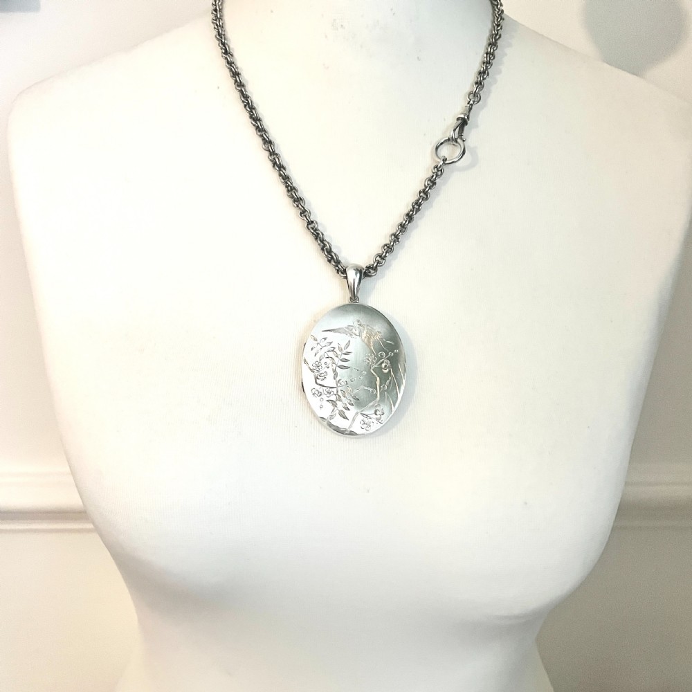 Huge Antique Silver Crane and Blossom Locket Book Chain Necklace View X