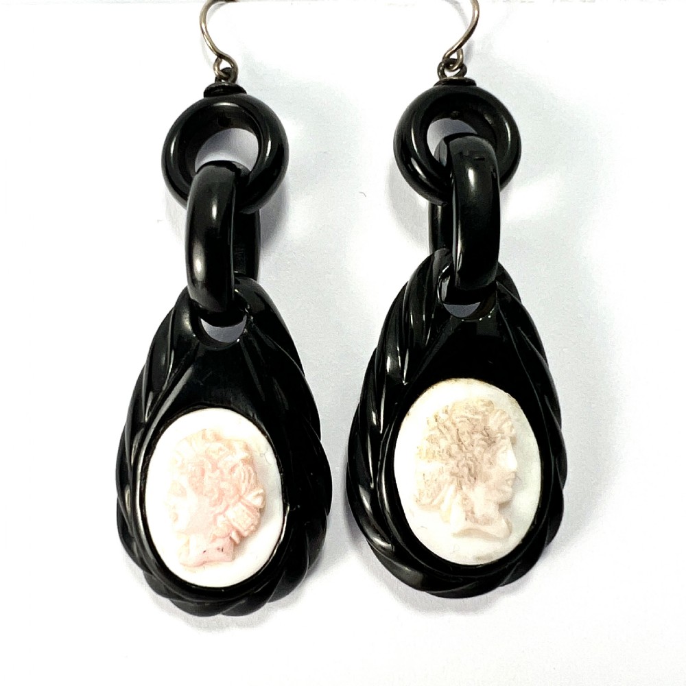 Victorian Carved Whitby Jet Shell Cameo Earrings