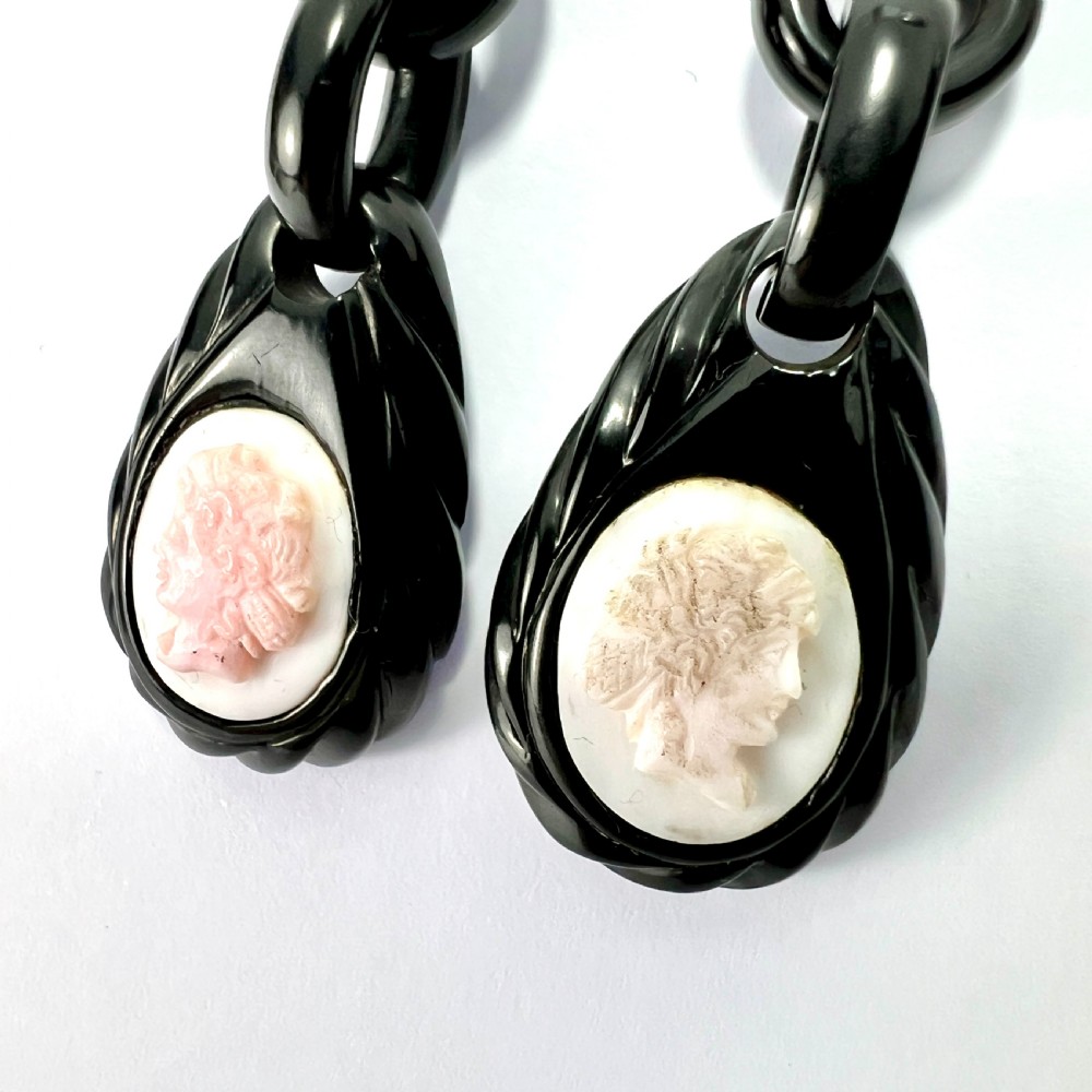 Victorian Carved Whitby Jet Shell Cameo Earrings View II