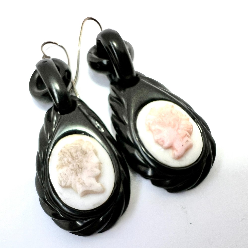 Victorian Carved Whitby Jet Shell Cameo Earrings View III