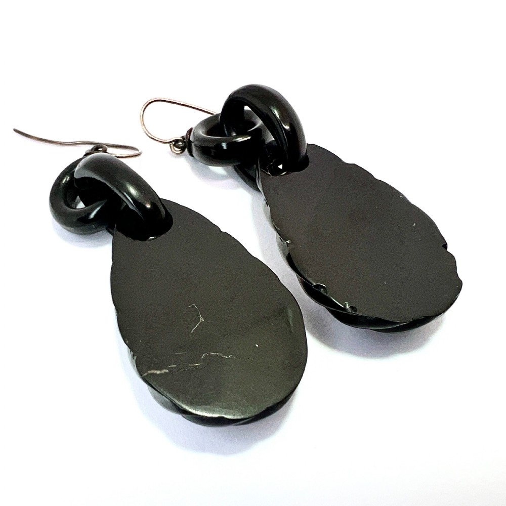Victorian Carved Whitby Jet Shell Cameo Earrings View V