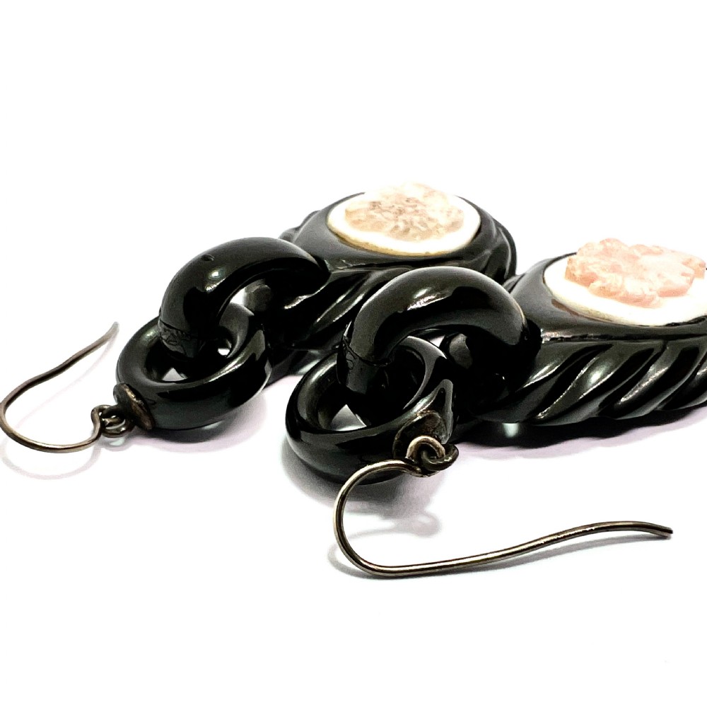 Victorian Carved Whitby Jet Shell Cameo Earrings View VI