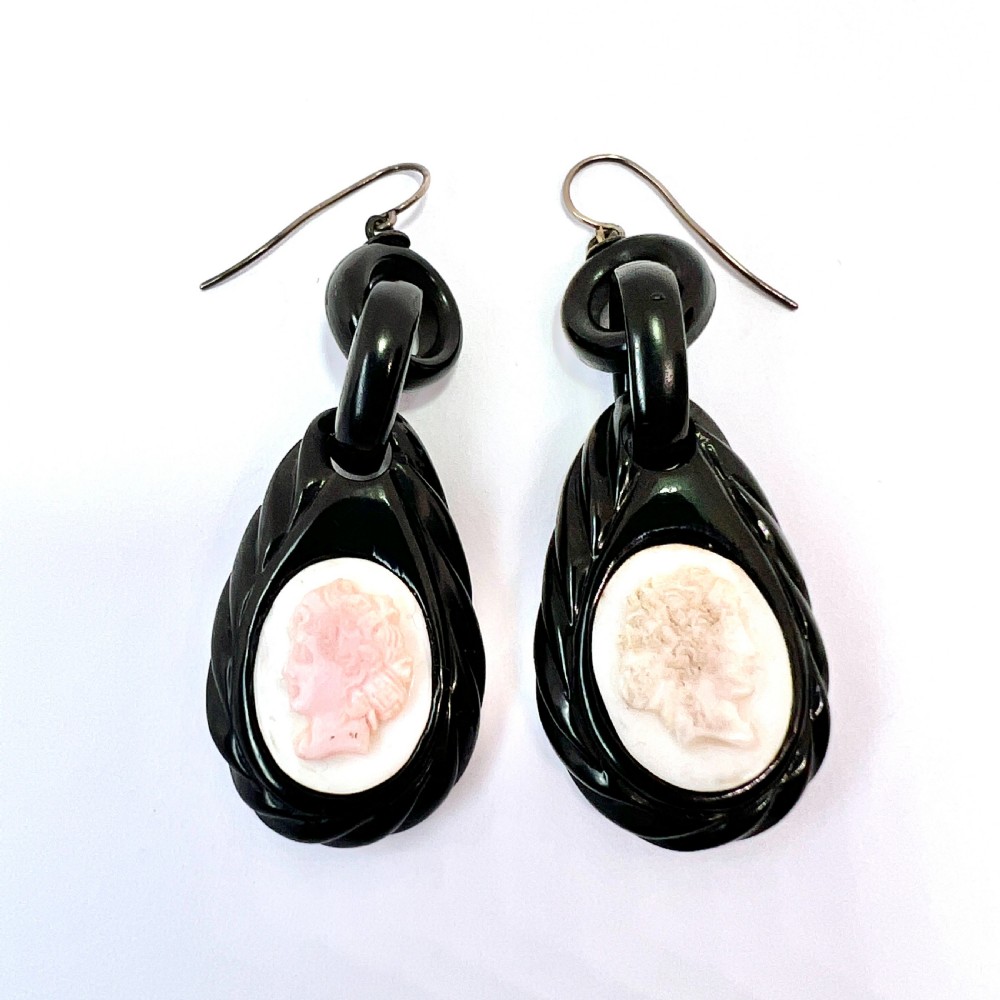 Victorian Carved Whitby Jet Shell Cameo Earrings View VII