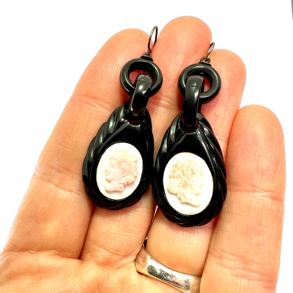 Victorian Carved Whitby Jet Shell Cameo Earrings View VIII