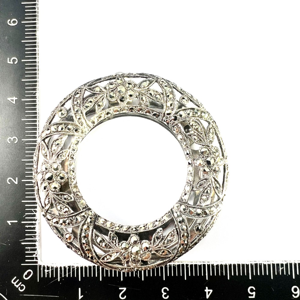 Large Art Deco Silver Circle Marcasite Dress Clip View VI