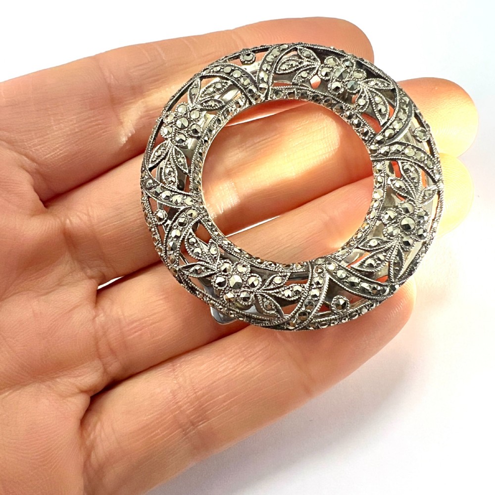 Large Art Deco Silver Circle Marcasite Dress Clip View VII