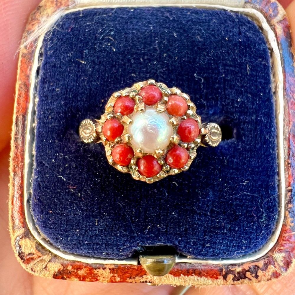 Vintage 9CT Gold Coral and Pearl Halo Cluster Ring