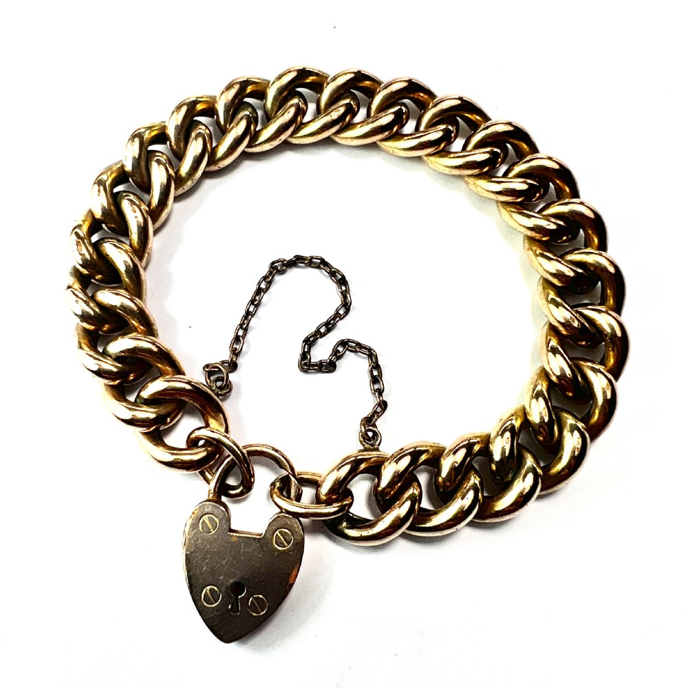 Antique 18CT Rolled Gold Curb Chain Bracelet with Heart Padlock and Safety Chain