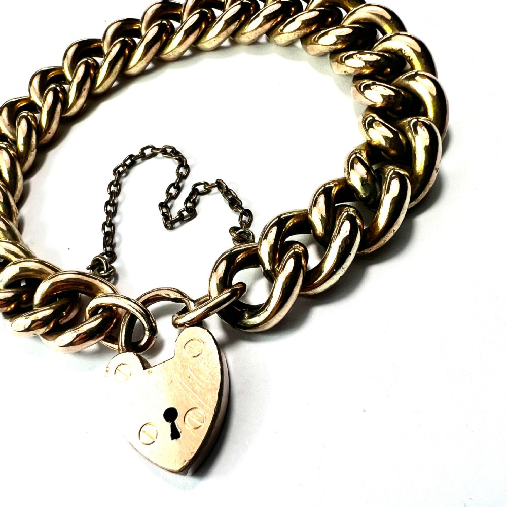 Antique 18CT Rolled Gold Curb Chain Bracelet with Heart Padlock and Safety Chain View II