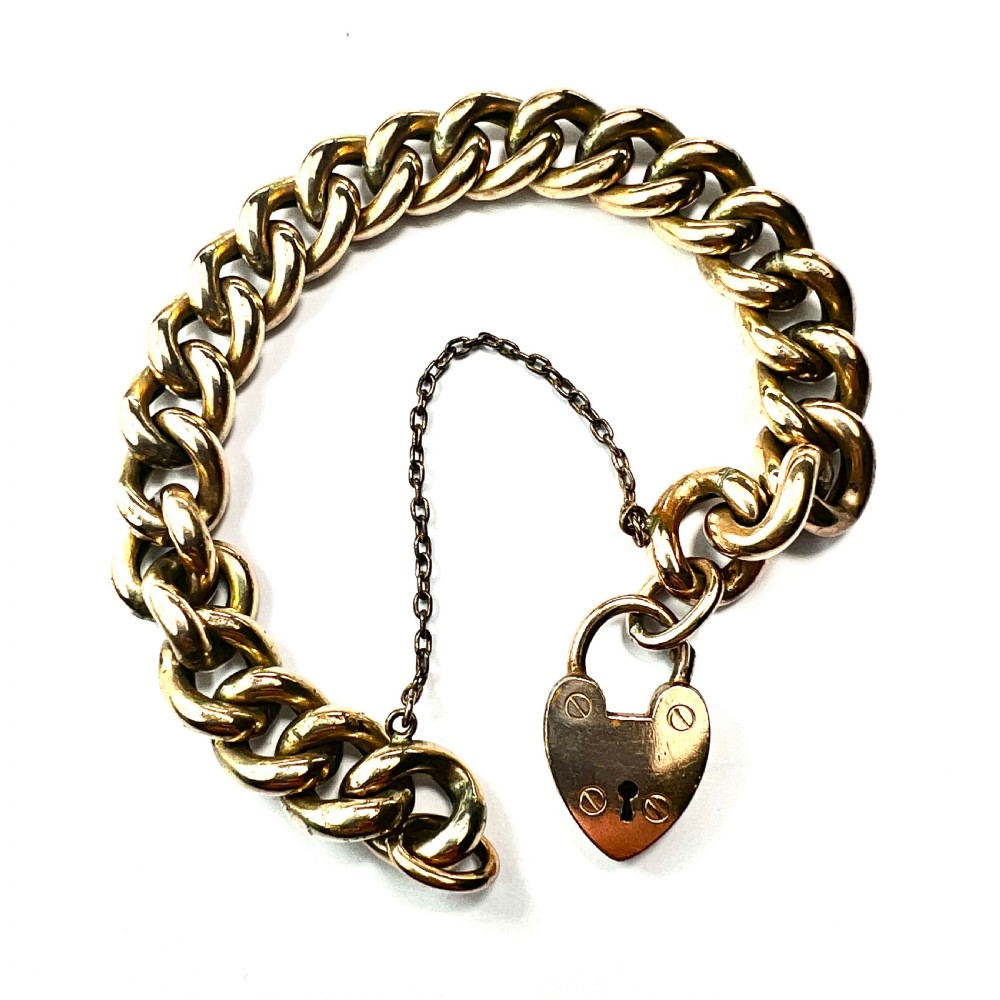Antique 18CT Rolled Gold Curb Chain Bracelet with Heart Padlock and Safety Chain View III