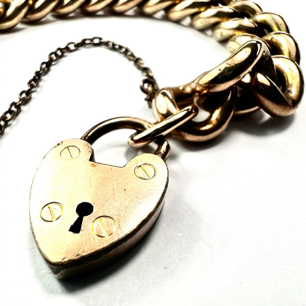 Antique 18CT Rolled Gold Curb Chain Bracelet with Heart Padlock and Safety Chain View V