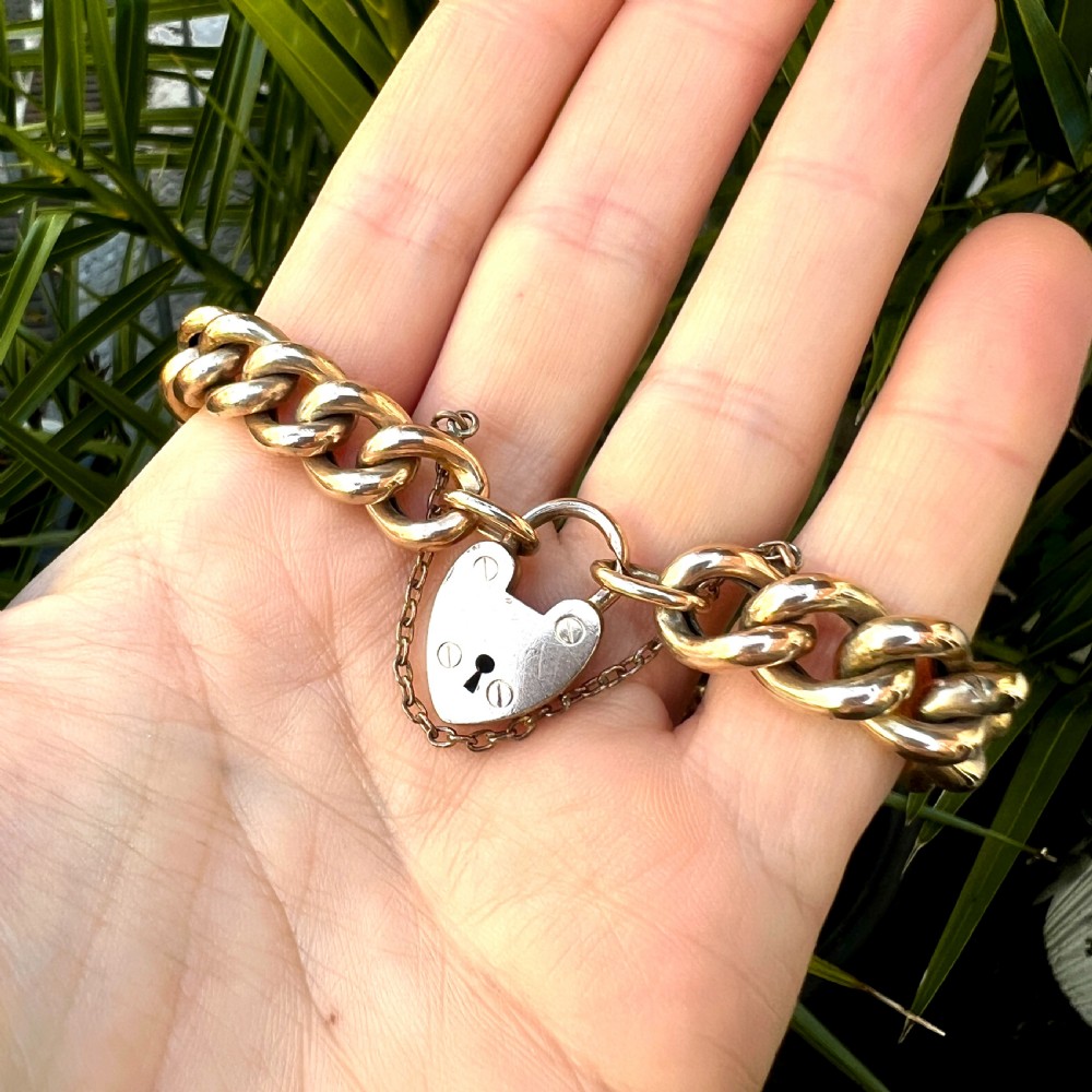 Antique 18CT Rolled Gold Curb Chain Bracelet with Heart Padlock and Safety Chain View VII