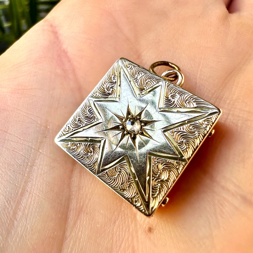 Antique Victorian/Edwardian Diamond Star-set Square Gold Locket Pendant View V
