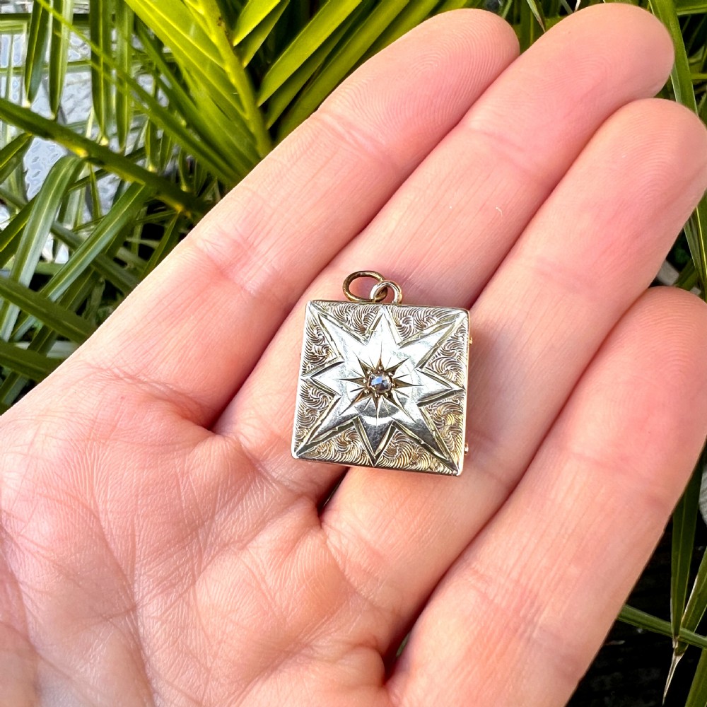Antique Victorian/Edwardian Diamond Star-set Square Gold Locket Pendant View VII