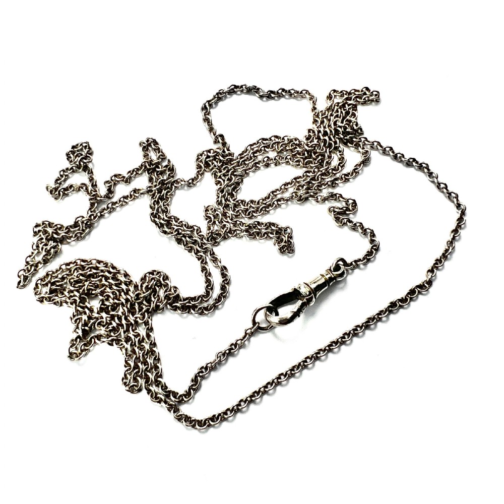 Very Long Antique Victorian Silver Longuard Chain Necklace with Albert Dog Clip