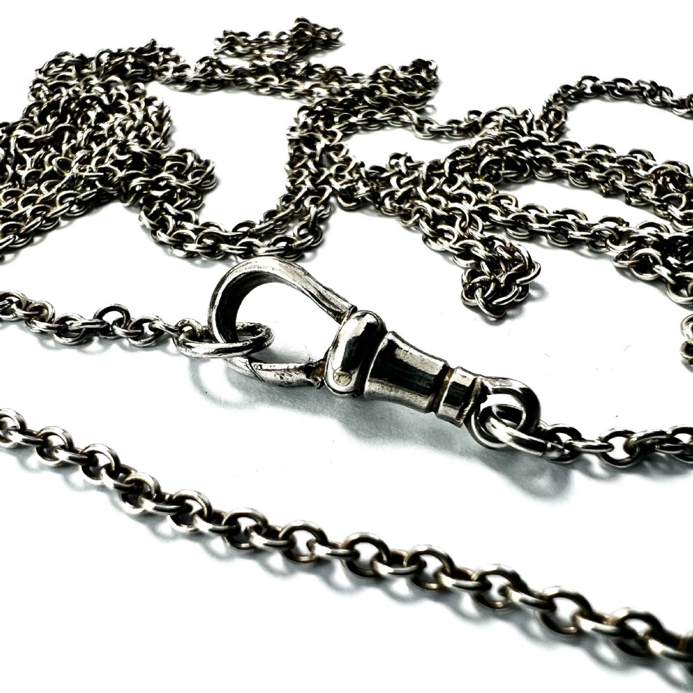 Very Long Antique Victorian Silver Longuard Chain Necklace with Albert Dog Clip View II