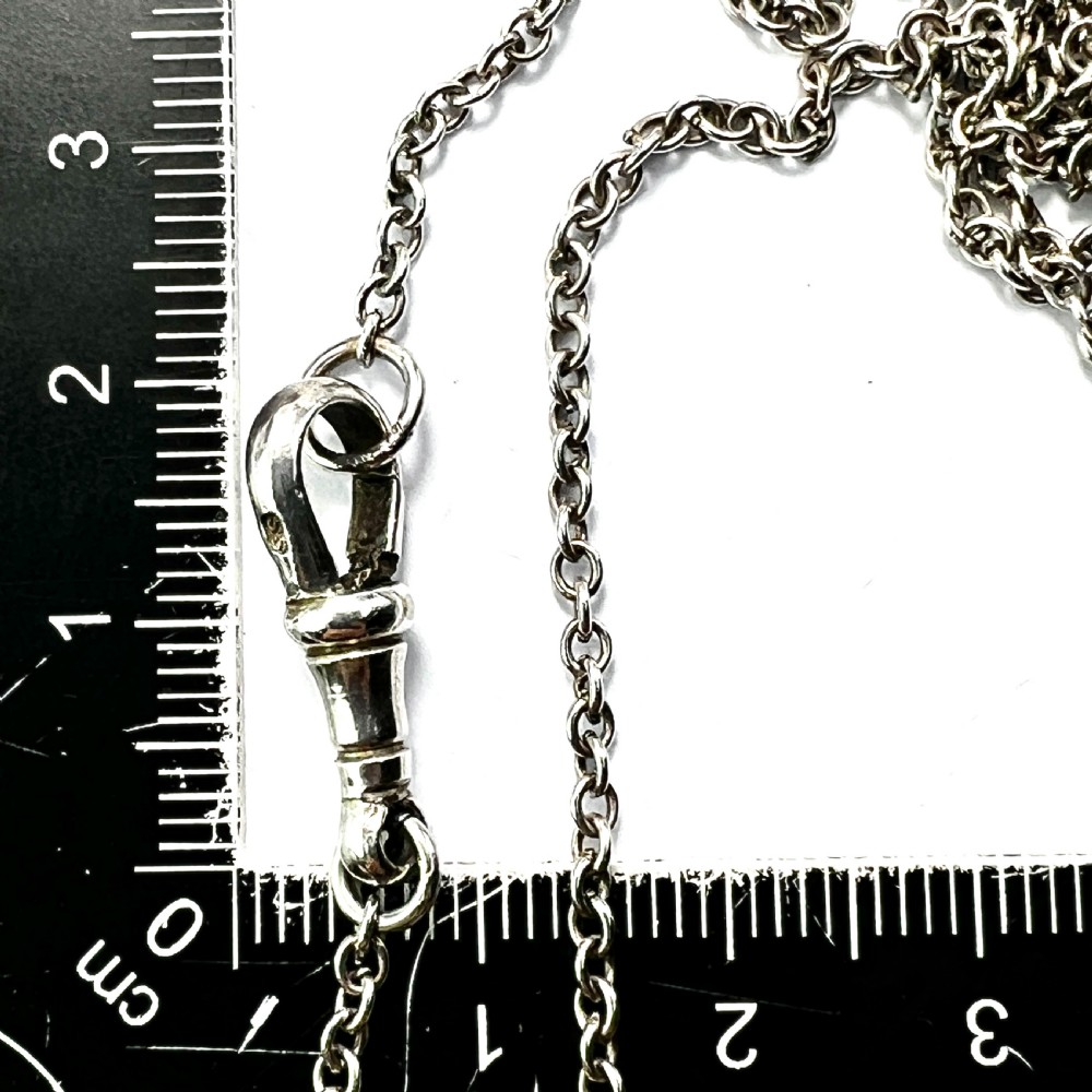 Very Long Antique Victorian Silver Longuard Chain Necklace with Albert Dog Clip View VI