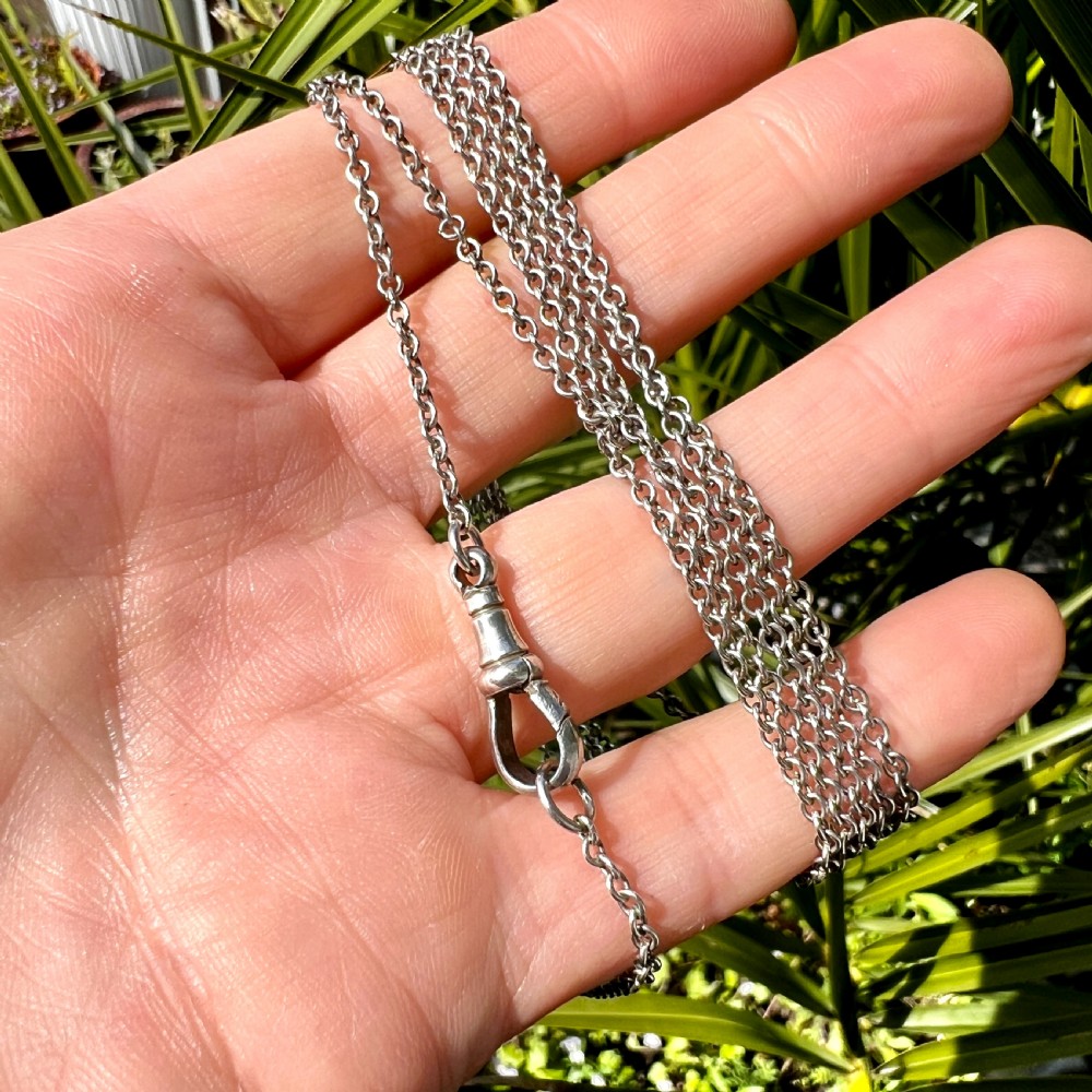 Very Long Antique Victorian Silver Longuard Chain Necklace with Albert Dog Clip View VIII