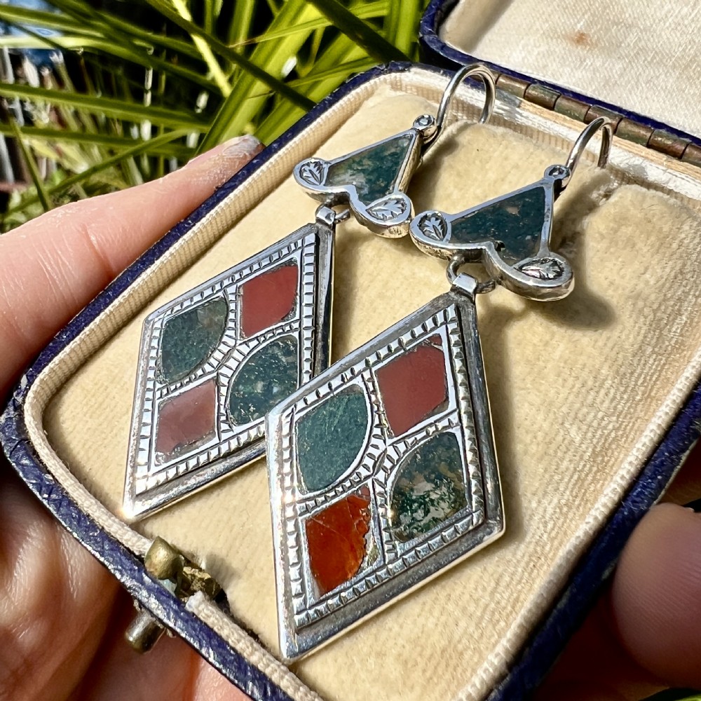 Large Victorian Scottish Silver Agate Earrings View IV