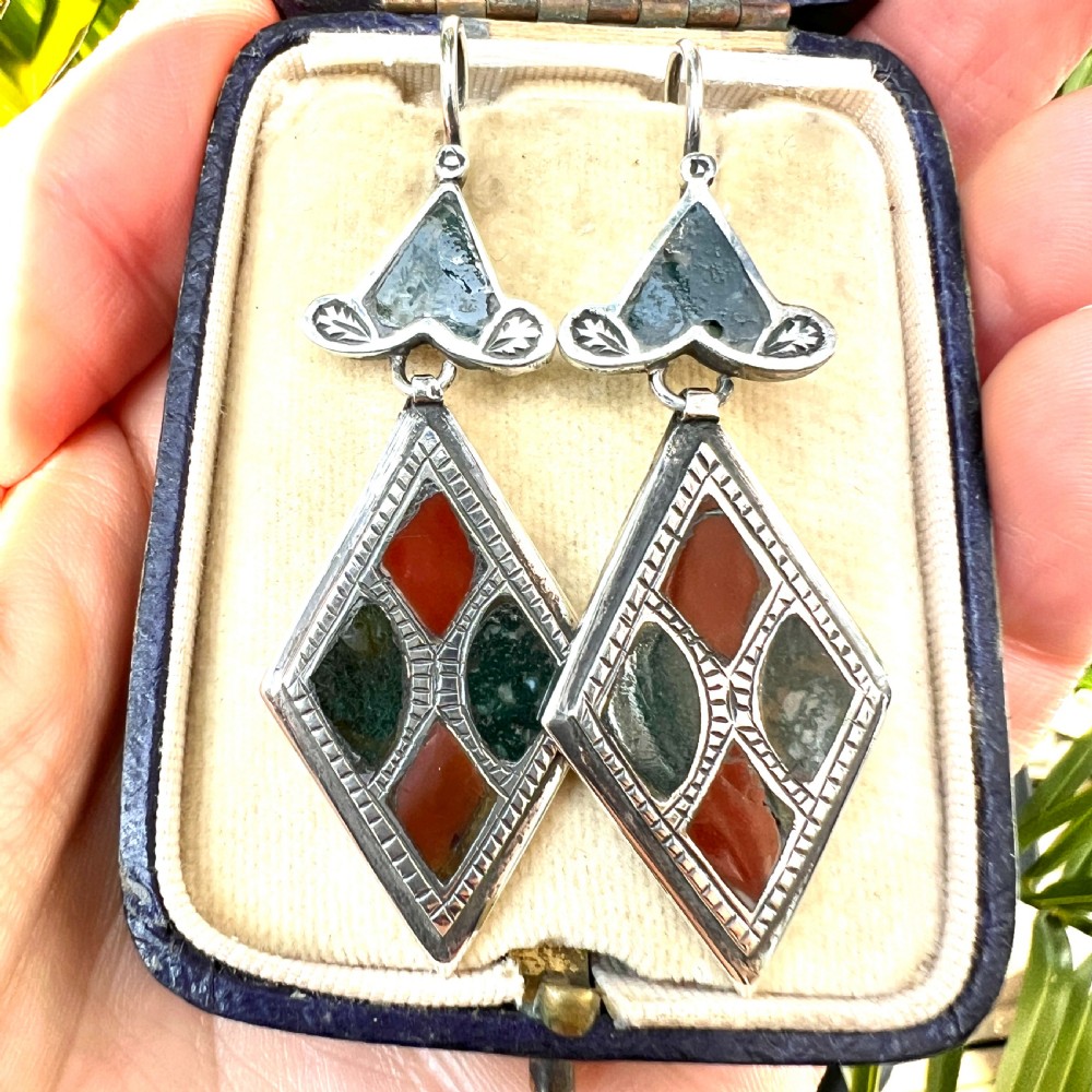 Large Victorian Scottish Silver Agate Earrings View V
